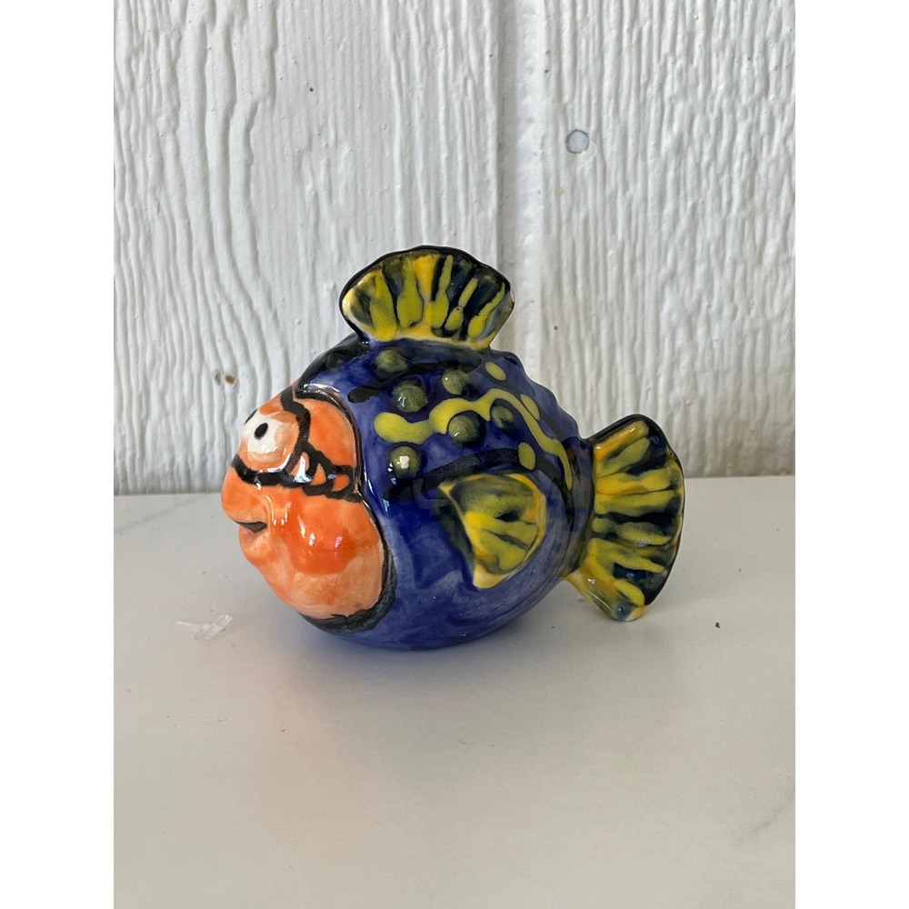 Hand Painted Ceramic Fish Figurine Blue Yellow Orange Whimsical‎ Decor
